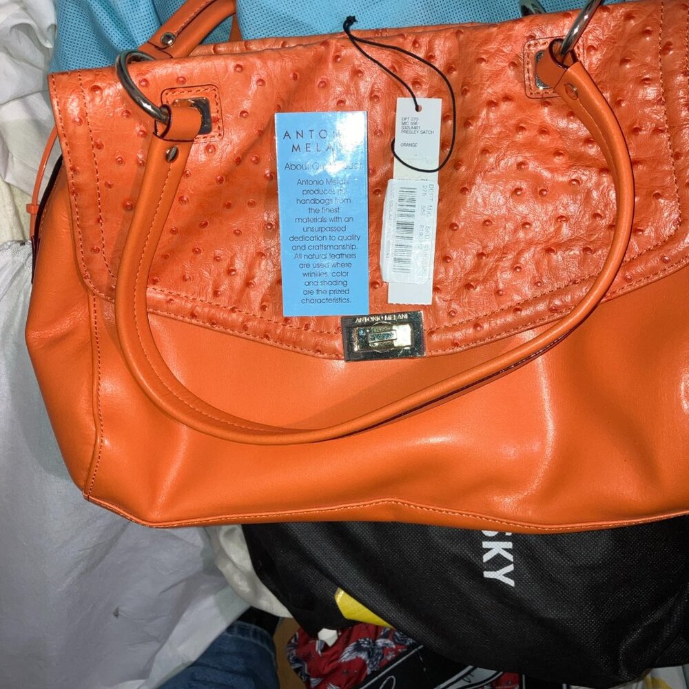 ANTONIO MELANI BLAIR OSTRICH EMBOSSED LEATHER TURNLOCK CROSSBODY BAG ORANGE